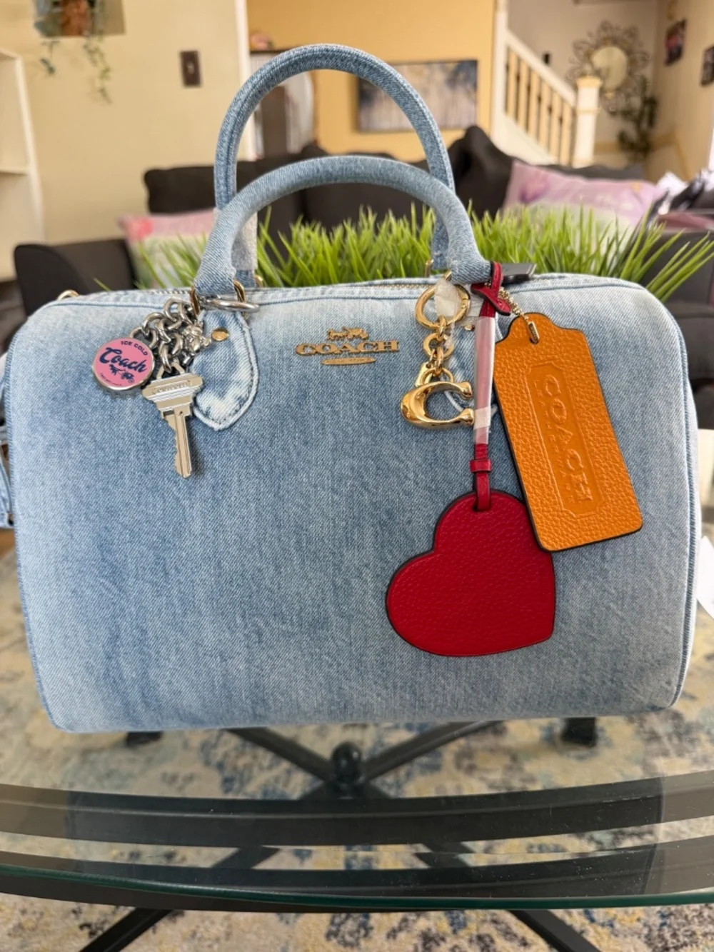 Coach Outlet Rowan Large Satchel Bag In Loved Denim With Charms
